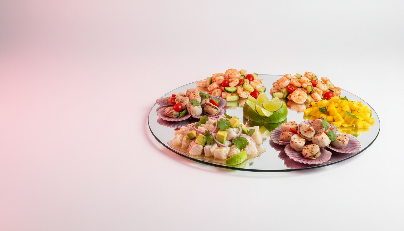 Ceviches y mariscos frescos coloridos listos para servir en México